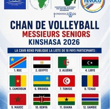 Volley-ball:La 25e édition du Championnat d’Afrique des Nations de Volley-ball seniors Messieurs Kinshasa 2026 va réunir 16 nations.
